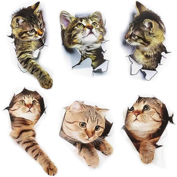 6 st 3D Kattväggdekaler, 3D Kattdekaler, 3D Kattväggdekal,