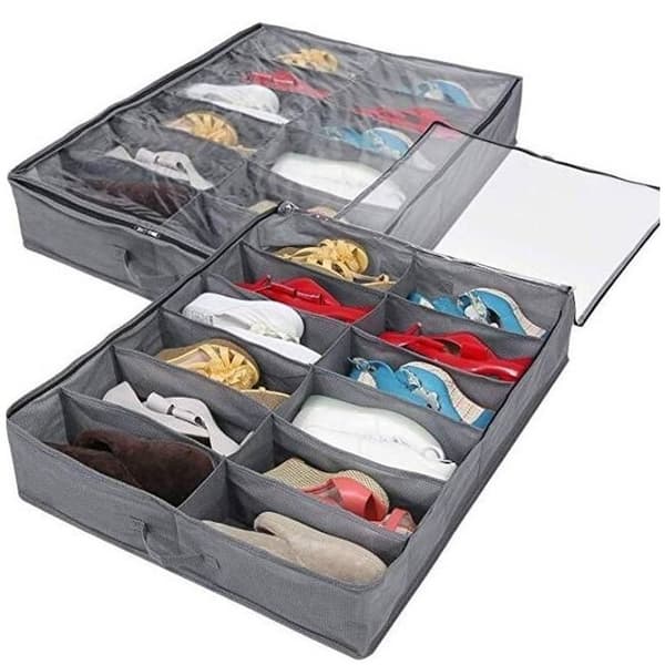 Skoboks med 12 rom under sengen 73*58*13cm (grå), egnet for