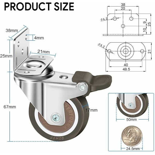 Sett med 4 (2 hjul med brems, 2 hjul uten brems) 50mm svingbare hjul, 100kg møbelhjul, L-type møbelhjul med brems 360° rotasjon, for innendørs og utendørs