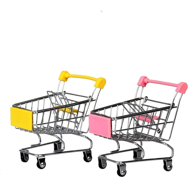 Mini Supermarket Handcart, 2 kpl Mini ostoskärry Ostosapu Apukärry Malli Säilytys Lelu Toimistokoriste (Pinkki, Keltainen) Lelukärry