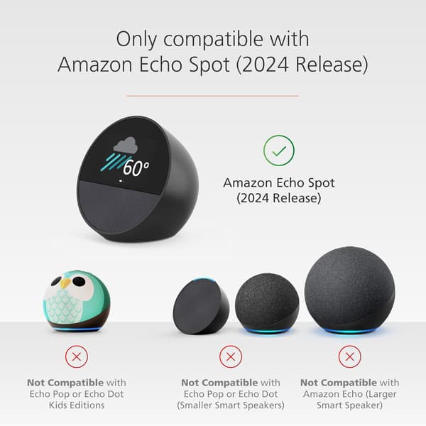 Helt ny, kompatibel stativ for Amazon Echo Spot (2024-utgave) med USB-C og USB-A ladeplasser
