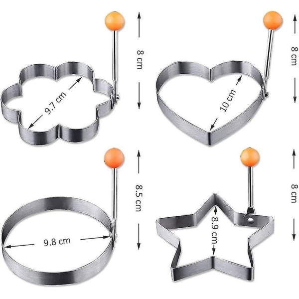 Sett med 4 eggeringer, eggeringer i rustfritt stål for steking, sammenleggbart håndtak stekt gave