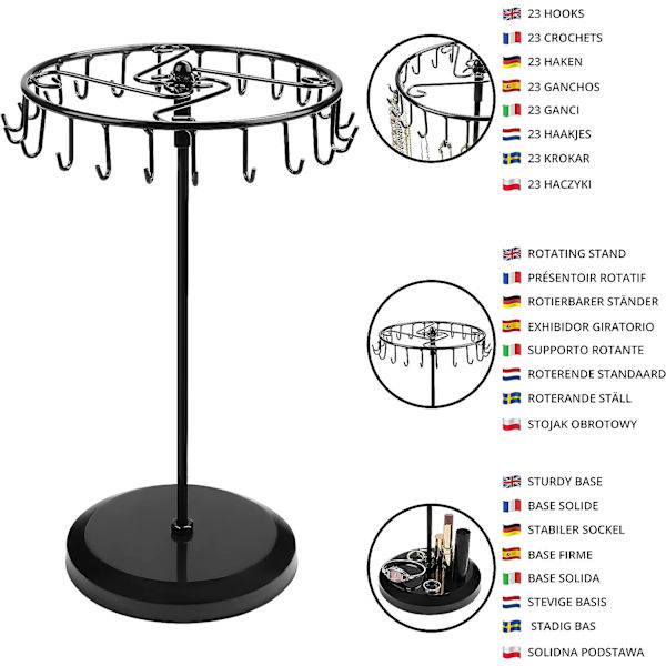 Svart metallroterande smyckeshållare (21 krokar) - H33 x B21cm - J