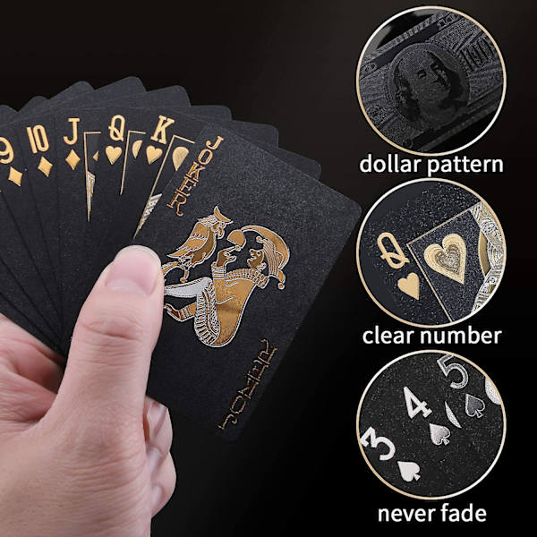 Viileät mustat pelikortit, vedenpitävät pokerikortit dollarinkuvioinnilla, mustakultaiset foliokortit laatikossa, loistavat taikuuteen ja juhliin