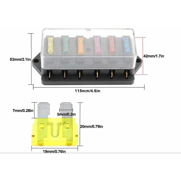 6-vejs bilsikringboks, 12V/24V/32V/48V universel standard bladfuse