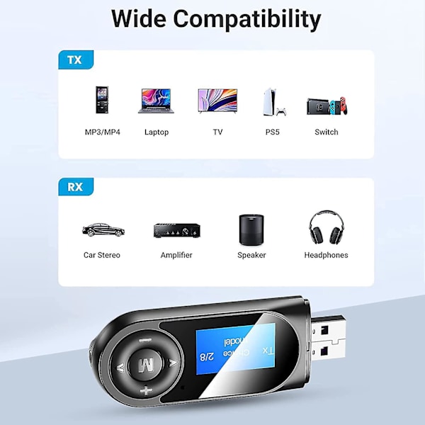 Bluetooth 5.0-sender og -modtager, 2-i-1 Bluetooth-adapter med synligt LCD-display, stereosystem