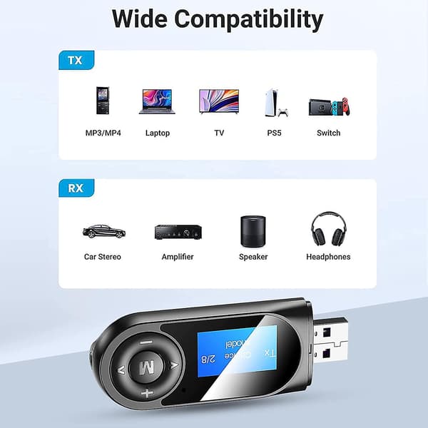 Bluetooth 5.0 Sender og Mottaker, 2-i-1 Bluetooth o Adapter Med Synlig LCD-skjerm, Stereoanlegg