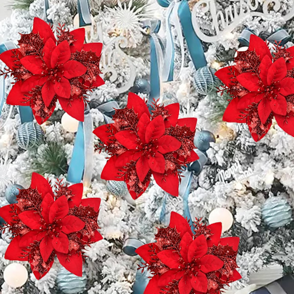 12 stk Julepynt, Julerosa Blomster Juledekorasjon med Klips og Blomstestengler, Kunstige Blomster Chri