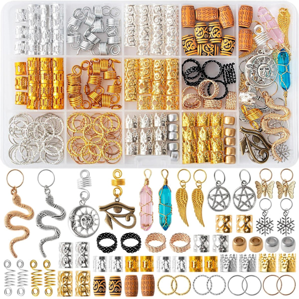 200 stk Hårperler Smykker, Dreadlocks Gem Krystall Charms, Metallspoler Ringer, Gull og Sølv anheng, Flette Mansjetter, C