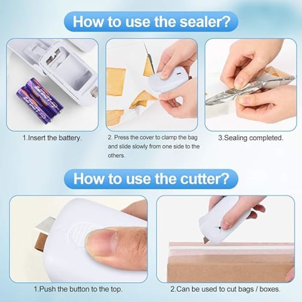 1 x 2 i 1 mini poseforsegler, mini poseforsegler med batterier, pose