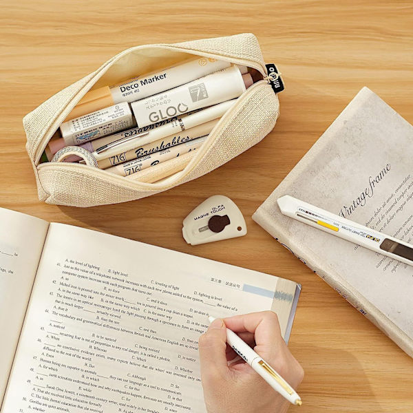 Liten Pennfodral Student Pennfodral Myntfodral Kosmetikväska Kontorsmaterial Organizer För Tonåringar Skola - Beige
