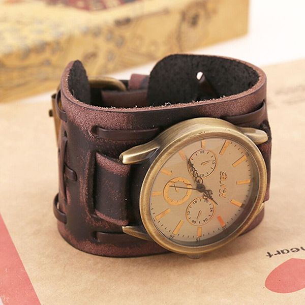 Herr Retro Armband Klocka Band Bred Läder Remanchett Vintage Quartz Armbandsur Brun