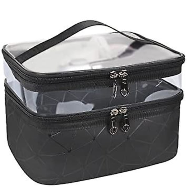 (Black)Makeup Bags Double layer Travel Cosmetic Cases Make up Organizer Toiletry Bags