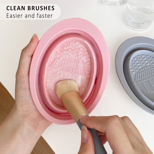 Silikon Foldbar Makeupbørste Rengørings Skål Sæt Pink Grå