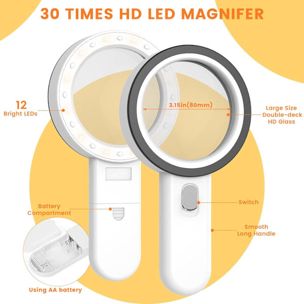 Lyseringsforstørrelsesglas, 30X Forstørrelsesglas med 12 LED-lys,