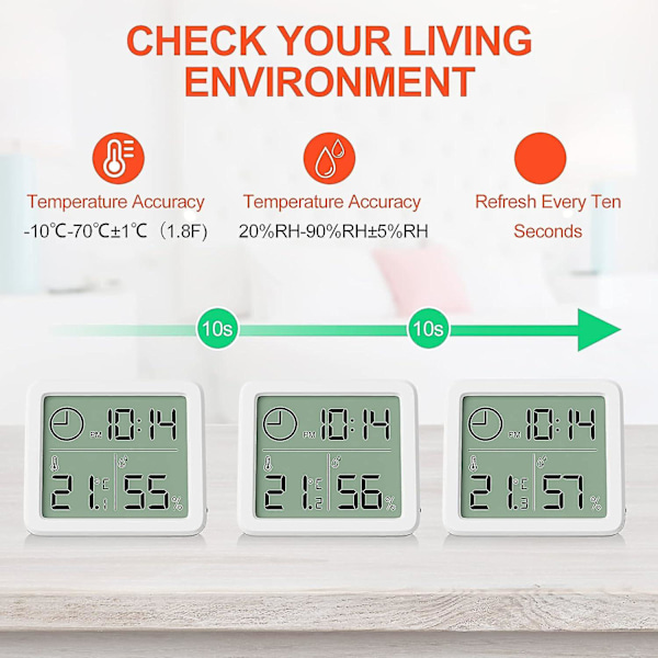 Mini digitalt innendørs termometer, profesjonelt bærbart stort skjermhygrometer med klokke, nøyaktig hvitt termometer, hygrometer for hjem, babyrom,