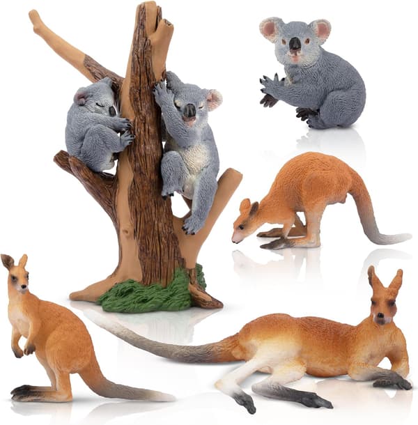 7 stk. australske dyrefigurer inkludert koala og kenguru