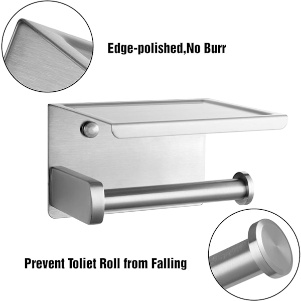 Harjattu nikkeli WC-paperiteline, itseliimautuva WC-paperiteline hyllyllä, seinäkiinnitys ilman porausta