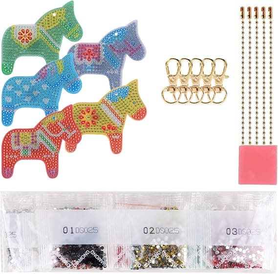 5 st 5D DIY Diamantlackerade Nyckelringar med Dubbelsidig Häst