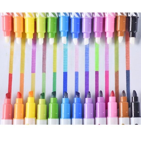 Pakke med 12 luktfrie meiselspiss whiteboardmarkører, dobbeltsidige highlightere med magisk fargeskiftende DIY-malingspenner, assorterte farger