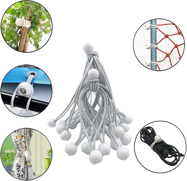Elastikstrik, 30 stk. Elastikstrik med plastikkugle, teltstrik til presenninger, hvid 150mm