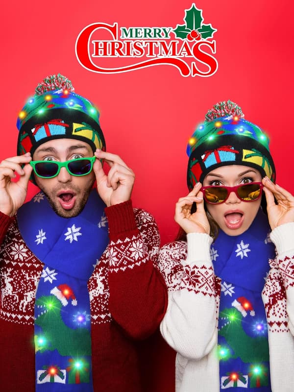 3 Dele LED Lysende Julehat Julehalsklæde Handsker Sæt Ferie Julehat Beanie Strikket Hat til Julefest
