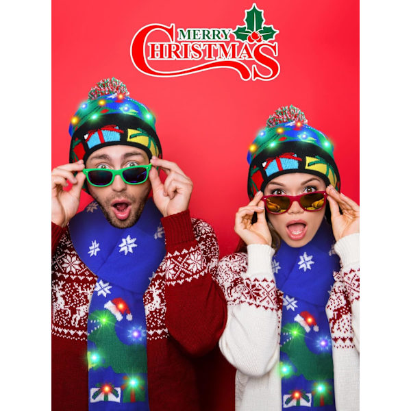 3-pack LED-upplyst julhatt, halsduk och vantar - Julset med stickad mössa för julparty