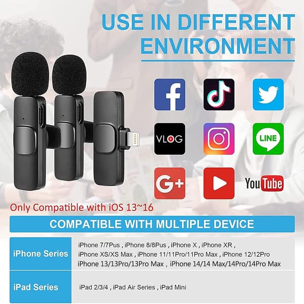 Trådløs Lavalier-mikrofon for iPhone iPad, Plug and Play Mic w