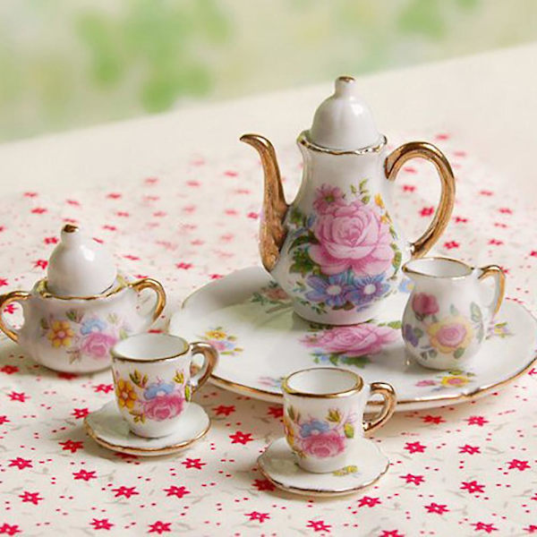 Naievear 8 st/set 1/6 porslin matservis tekanna fat miniatyrdockhustillbehör