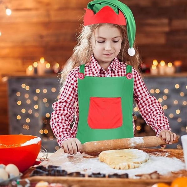 4 Dele Jule-Elfesæt Inkluderer Elfeforklæder og Elfehatte til Julefest Kostume Tilbehør (Rød og Grøn)