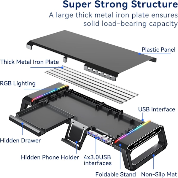 RGB-spelmonitorstativ - 4 USB 3.0-hub, 3 längdjusterbara monitorstativ med låda, förvaring och