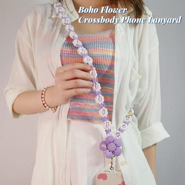 Boho Strikket Blomst Telefon Lanyard Håndledsrem Crossbody Sød Blomster Plys Chian Lanyard Til Pung Nøgler ID Badge Ac