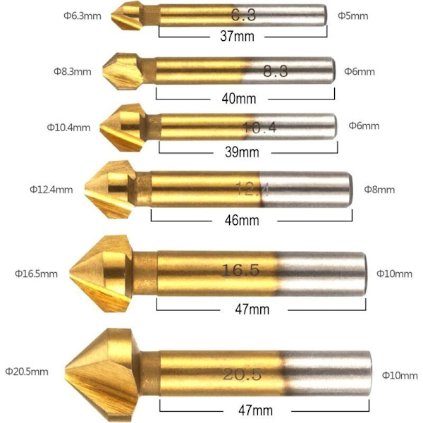 6 st valnötssänksänkare 90° fas HSS 6,3 mm 8,3 mm 1