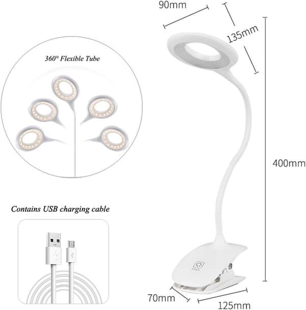 LED-klemmelampe, sengelampe, berøringssensor, 360 grader