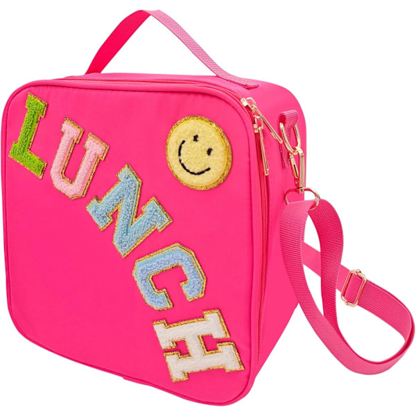 Isolert lunsjpose med justerbar skulderstropp, nylon preppy lunsjboks stor gjenbrukbar lunsjpose med smil