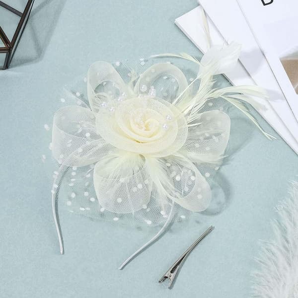 Fjerblomst Mesh Fascinator Hat Beige Med Hårklips Bryllup