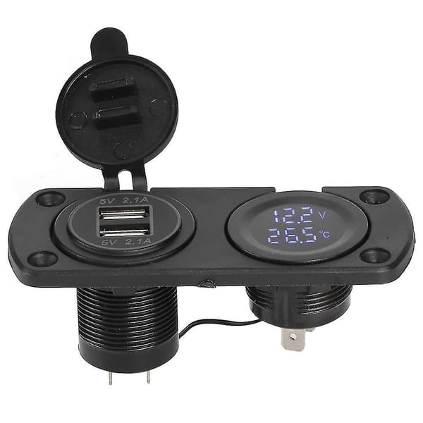 12V Dubbel USB-billaddare med temperaturdisplay och voltmeter
