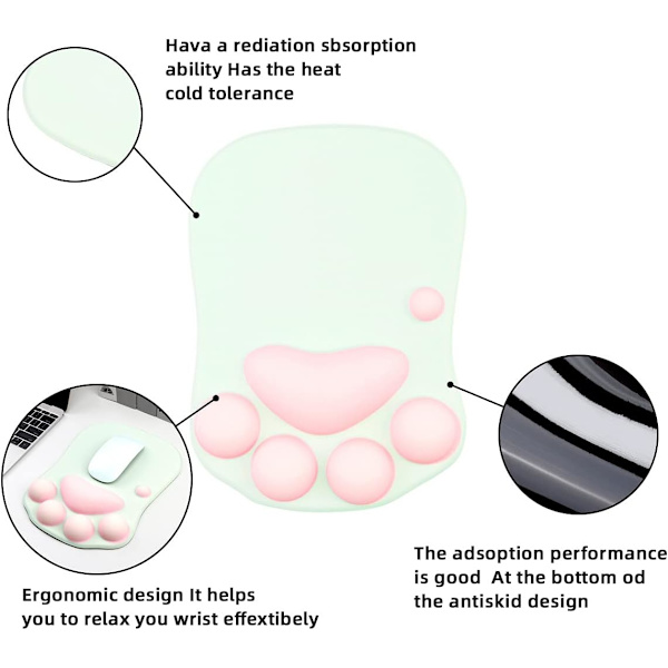 1 kattepote musematte med håndledsstøtte, bærbar ergonomisk anti