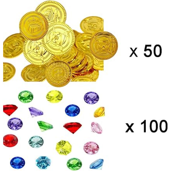 Plastmynter og Akryldiamanter, 50 Piratgullmynter og 100