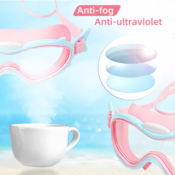1 blå og pink børnebriller, svømmebriller med integrerede vidvinkel linser