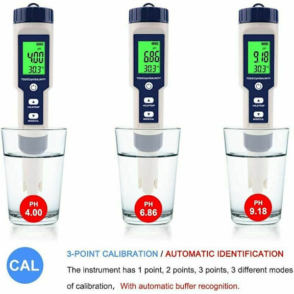 5-i-1 Elektronisk pH-mätare Testare - Mäter pH, TDS, EC, Salinitet