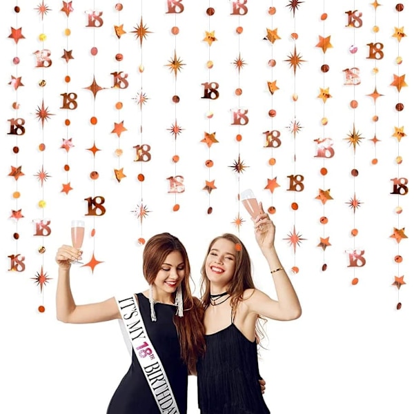 Rose Gold 18-vuotis syntymäpäiväkoristeet Numero 18 Ympyrä Pisteet Kimaltava Tähti Garland Streamer Metalli Riippuva Bunti