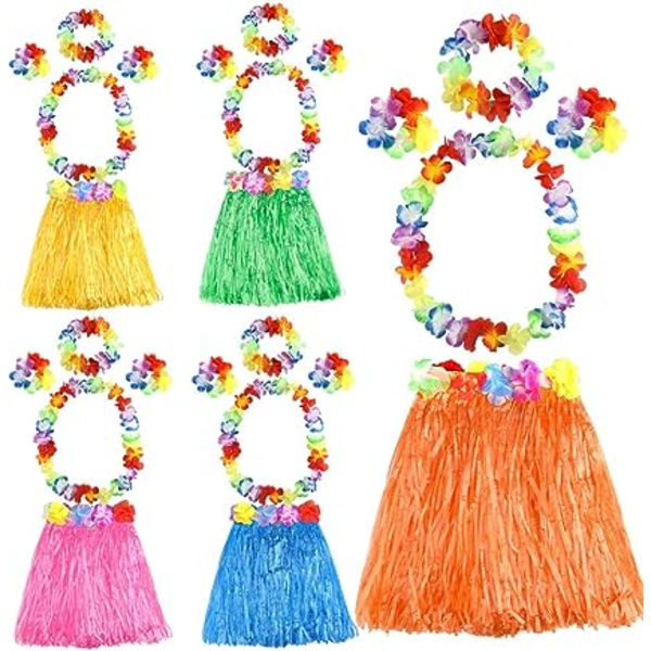 5-delat Hawaiianskt halmklänningsset med blommiga detaljer och kedja