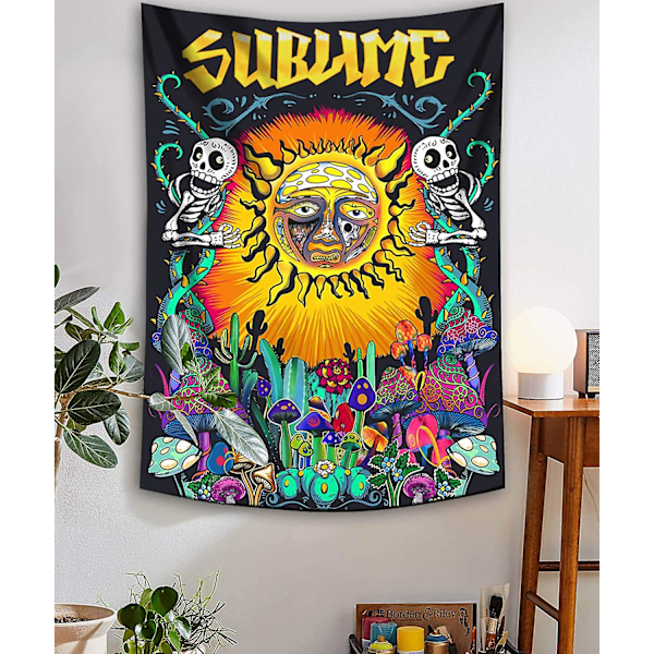 Psykedeelinen auringon seinävaate, hippi pystysuora värikäs seinävaate sienillä ja kaktuksilla makuuhuoneen sisustukseen 95*73 cm