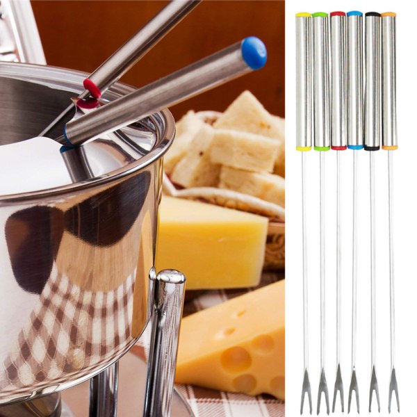 6 stk 24 cm fargekodede rustfrie stål grytegafler, ostegafler,