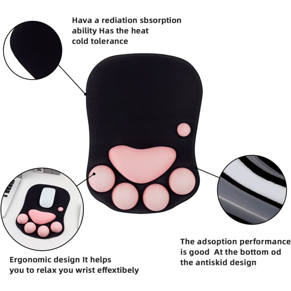 1 kattepote musematte med håndledsstøtte, bærbar ergonomisk anti
