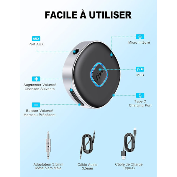 Bil Bluetooth-mottaker, Bluetooth 5.0 Jack-adapter for hjemmet