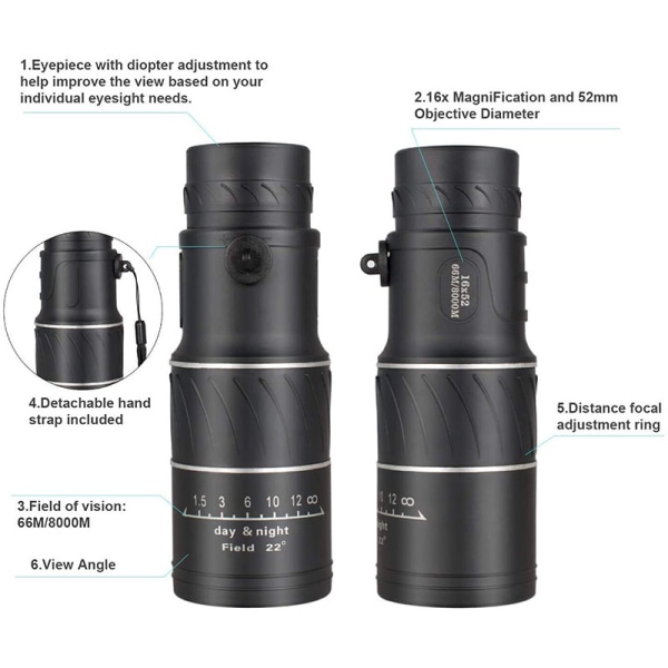 Monokulær kikkert 16x52 bifokal optisk zoom kikkert dag