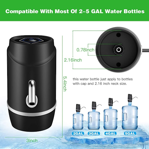 5 Gallons Elektrisk Bärbar Vattenkylare, Universal USB Laddningsbar Vattenflaska Pump För 2-5 Gallons Med 2