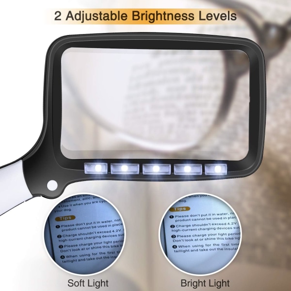 Rektangulær læseforstørrelsesglas med 5 LED-lys, 2 intensitetstilstande